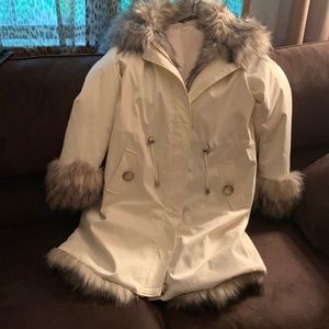 Fabulous Furs White  HOODED FAUX LEOPARD FUR-LINED KNEE-LENGTH